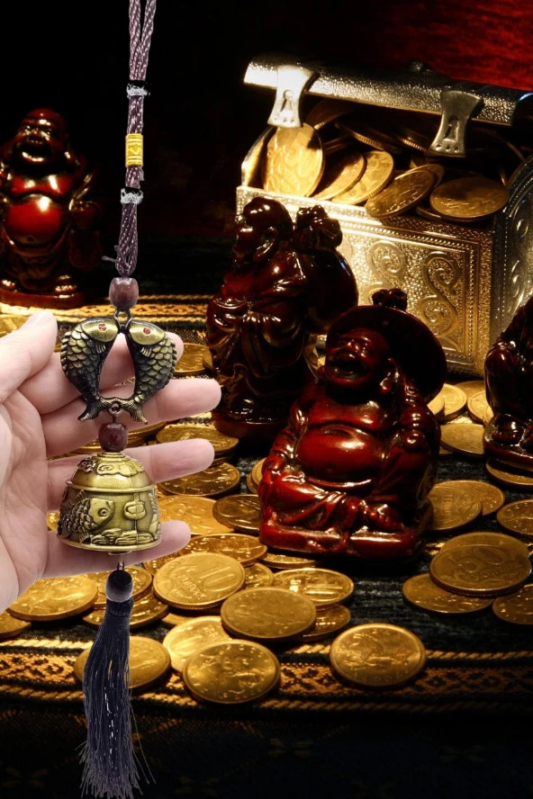 Çin Feng Shui Şans ve Bereket Metal Koi Balık Çan 35 cm - Resim 11