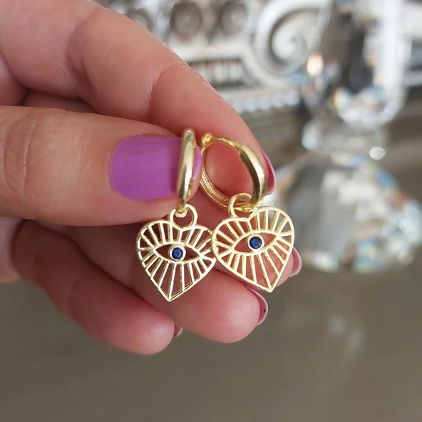 Vaoov 925 Ayar Gümüş Kalpli Gold Göz Küpe - Resim 2