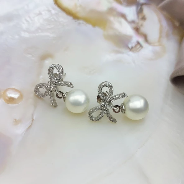 Vaoov 925 Ayar Gümüş Kurdeleli İnci Küpe - Resim 7