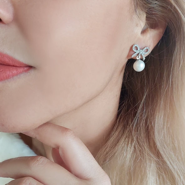 Vaoov 925 Ayar Gümüş Kurdeleli İnci Küpe - Resim 3