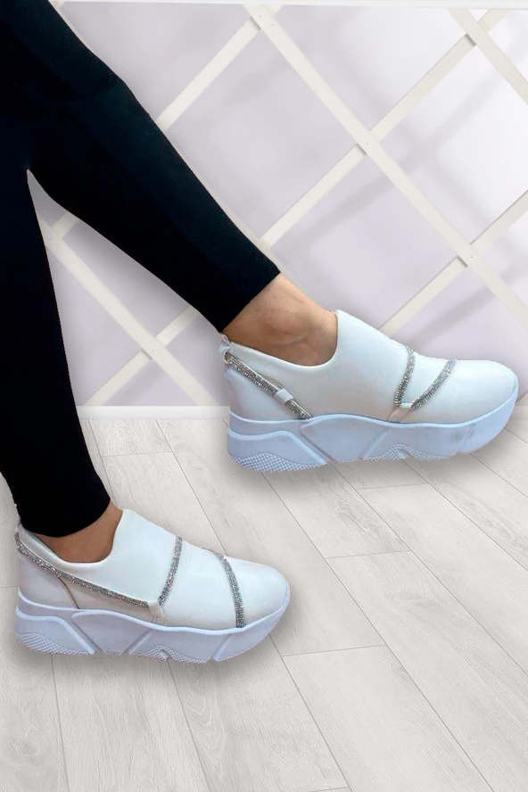 Erkan Saçmacı Barbara Beyaz Streç Gümüş Taşlı Sneaker