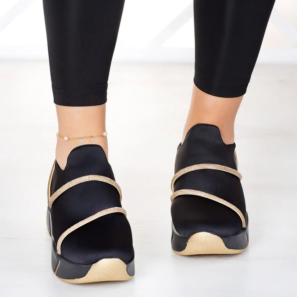 Erkan Saçmacı Barbara Siyah Streç Altın Taşlı Sneaker - 4