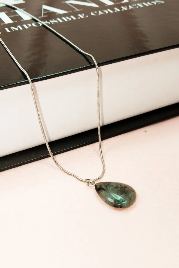 Labradorit Doğal Taşı Zincirli El Yapımı Kolye Uç: 2 cm Zincir: 20 cm Kutulu - Resim 5