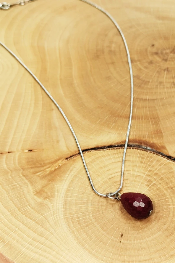 Yakut Doğal Taşı Zincirli El Yapımı Kolye Uç: 1,5 cm Zincir: 20 cm Kutulu - 5