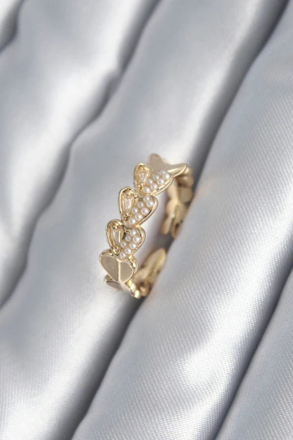 Pirinç Gold Renk Kalp Model İnci Detay Kadın Yüzük - TJ-BYK2981 ürün görseli 1