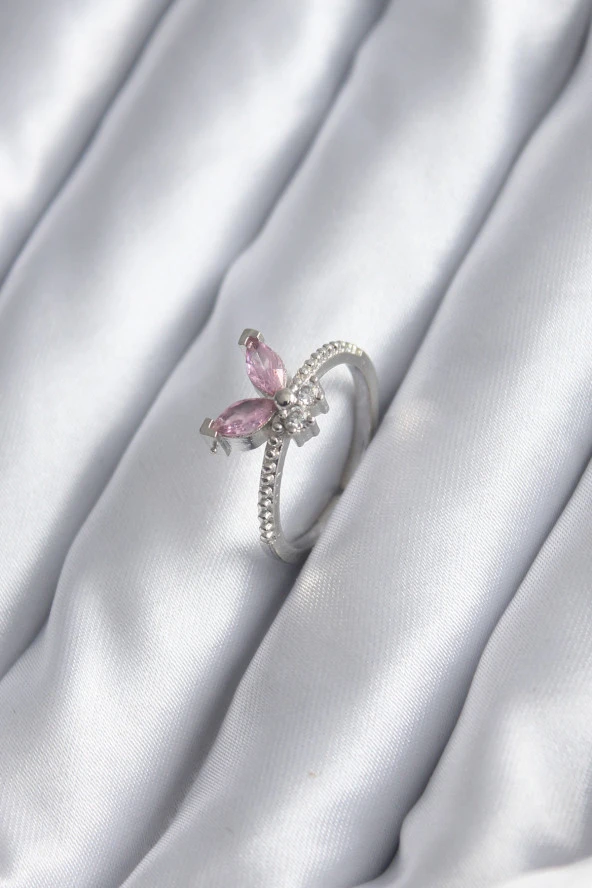 Gümüş Renk Pembe Zirkon Taşlı Kelebek Model Kadın Yüzük - TJ-BYK2841 ürün görseli 1