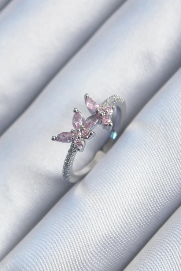 Pirinç Gümüş Renk Pembe Zirkon Taşlı Kelebek Model Kadın Yüzük - TJ-BYK2899 ürün görseli 1