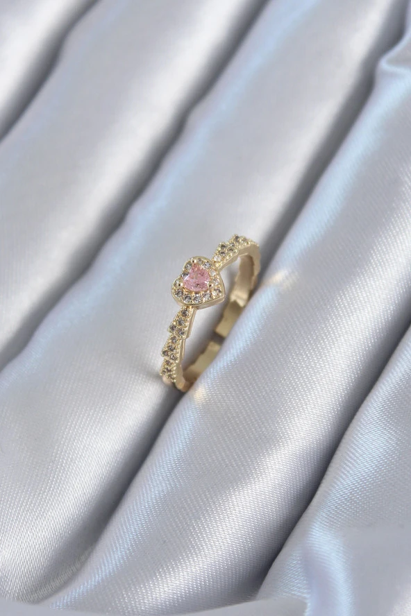 Gold Renk Pirinç Zirkon Taşlı Kalp Model Kadın Yüzük - TJ-BYK2817 ürün görseli 1