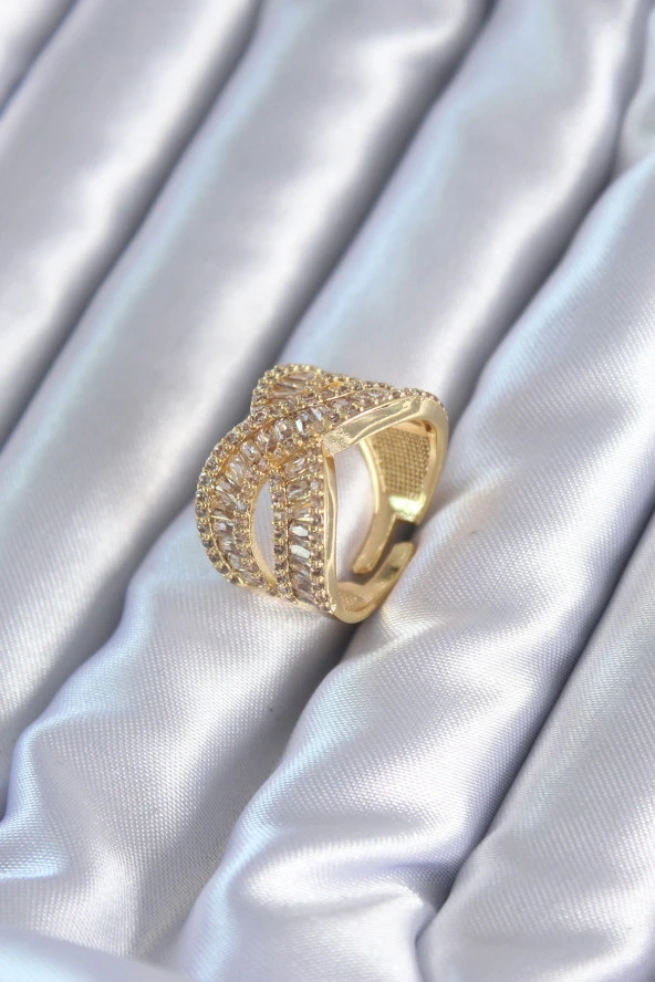 Zirkon Baget Sarmal Taşlı Gold Renk Ayarlanabilir Kadın Yüzük - TJ-BYK2795 ürün görseli 1