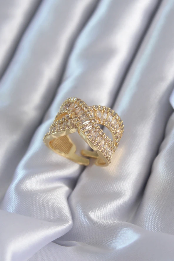 Zirkon Baget Sarmal Taşlı Gold Renk Ayarlanabilir Kadın Yüzük - TJ-BYK2795 - Resim 2