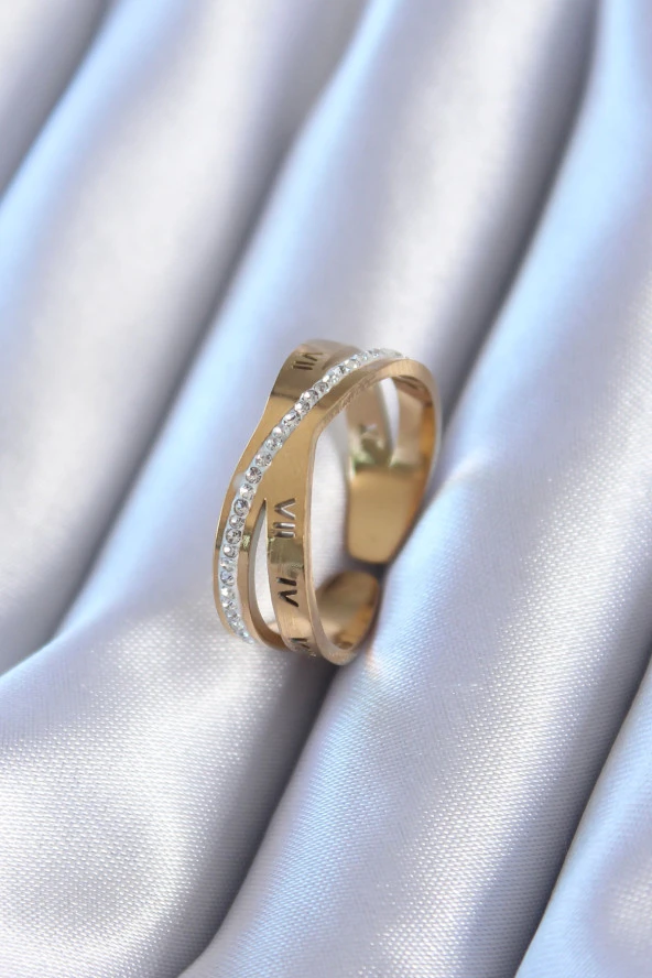 316L Çelik Gold Renk Zirkon Taşlı Romen Rakam İşleme Kadın Yüzük - TJ-BYK2764 ürün görseli 1