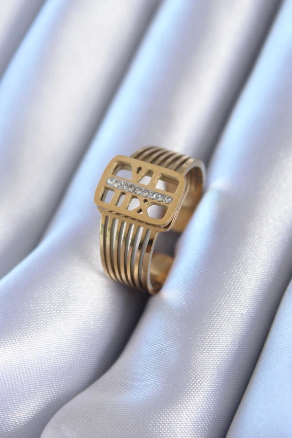 316L Çelik Gold Renk Zirkon taşlı Kaburga Model Kadın Yüzük - TJ-BYK2760 ürün görseli 1