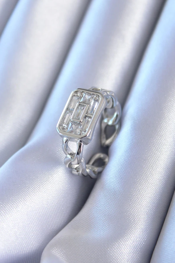 Gümüş Renk Zirkon Taşlı Zincir Model Kadın Yüzük - TJ-BYK2751 ürün görseli 1