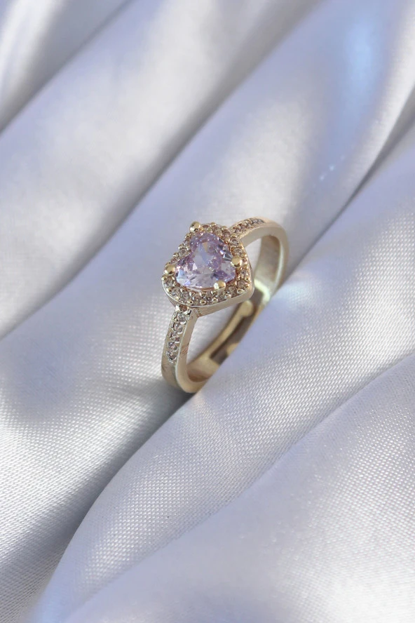 Gold Renk Zirkon Taşlı Kalp Model Pirinç Charm Kadın Yüzük - TJ-BYK2744 ürün görseli 1