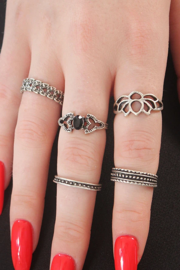 Gümüş Renk Lotus Model Siyah Kristal Taş Detay Bayan Yüzük Kombin - TJ-BYK2740 - Resim 2