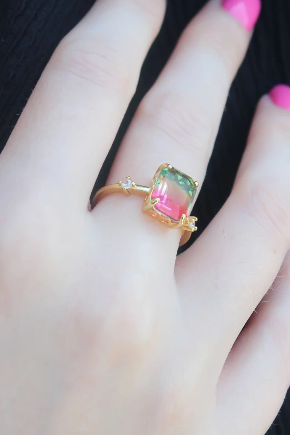 Gold Renk Renkli Zirkon Taşlı Pirinç Kadın Yüzük - TJ-BYK2659 - Resim 2