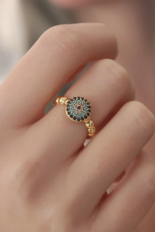 Gold Renk Nazar Boncuk Figür Zirkon Taş Detay Kadın Yüzük - TJ-BYK2413 ürün görseli 1