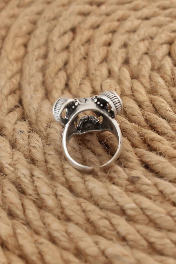 Antik Gümüş Renk Boynuzlu Kuru Kafa Model Ayarlanabilir Erkek Yüzük - TJ-EY560 - Resim 2