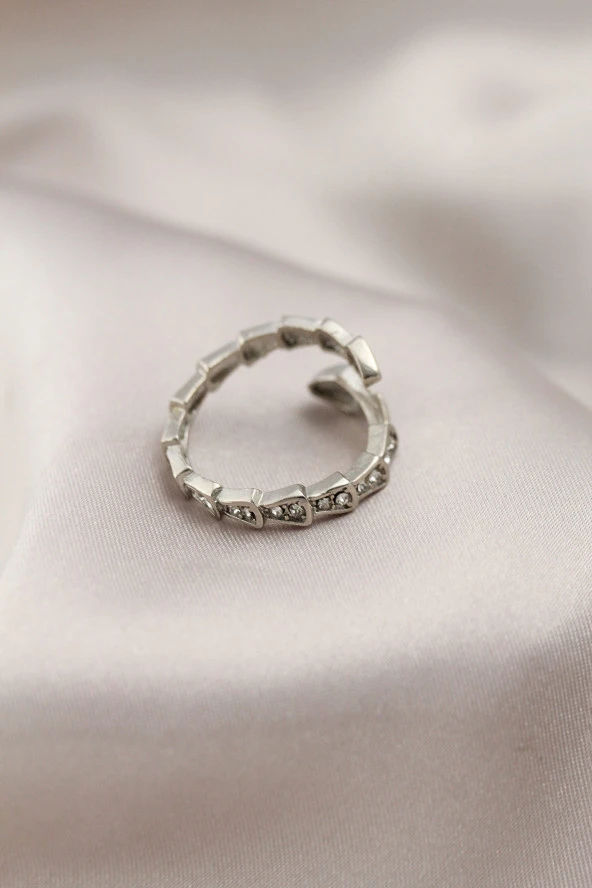 Gümüş Renk Metal Yılan Tasarımlı Taşlı Kadın Yüzük - TJ-BYK2196 - Resim 2