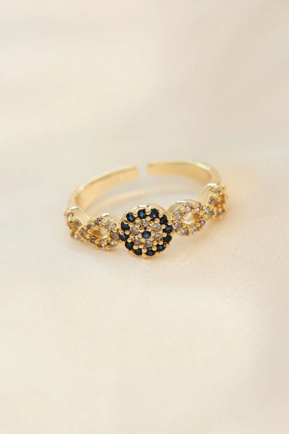 Ayarlamalı Altın Renk Nazar Boncuk Detay Zirkon Taşlı Yüzük - TJ-BYK2270 ürün görseli 1