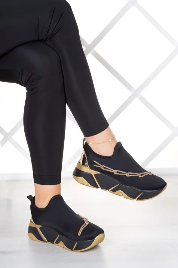 Erkan Saçmacı Maggie Siyah Streç Altın Zincirli Sneaker