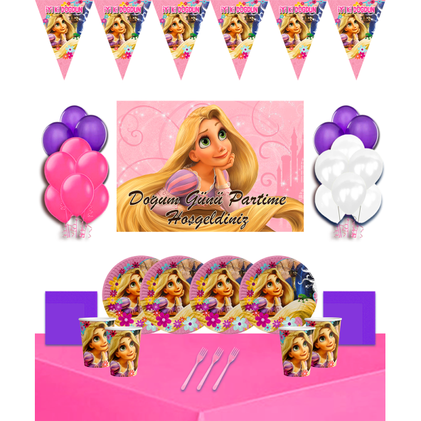 Rapunzel Disney Afişli 8 Kişilik Doğum Günü Parti Süsleri Malzemeleri Seti