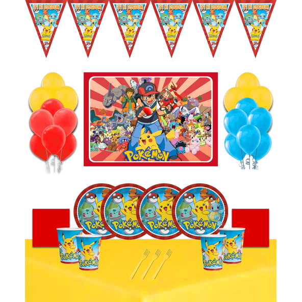 Pokemon Pikachu Afişli 8 Kişilik Doğum Günü Parti Süsleri Malzemeleri Seti