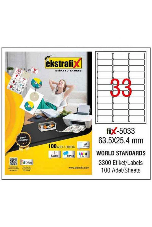 Ekstrafix Laser Etiket 63.5 x 25.4 mm Lazer Yazıcı Etiketi 100 Yaprak