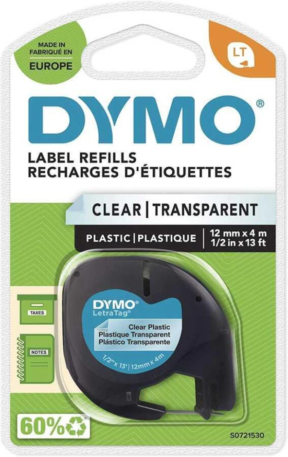 DYMO  LetraTag Şeffaf LetraTag Plastik Şerit 12 mm x 4 Metre