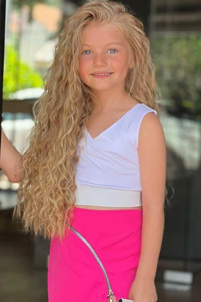 Kız Çocuk V Yaka Viskon Badi ve Fermuarlı Fuşya Etekli Takım - Resim 3