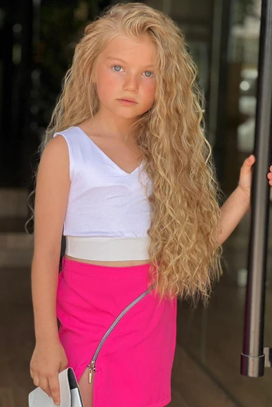 Kız Çocuk V Yaka Viskon Badi ve Fermuarlı Fuşya Etekli Takım - Resim 2