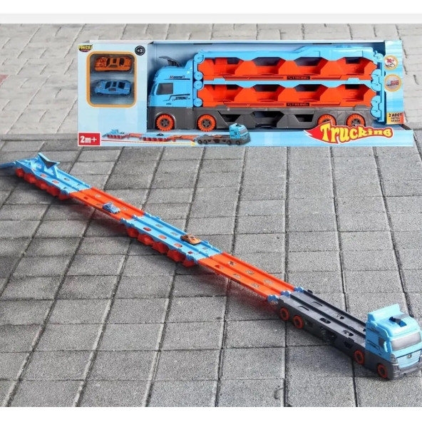 Arabalı Yarış Pisti Tır İki Metal Arabalı Tır 2 Metre Uzayan Oyuncak Tır - 4