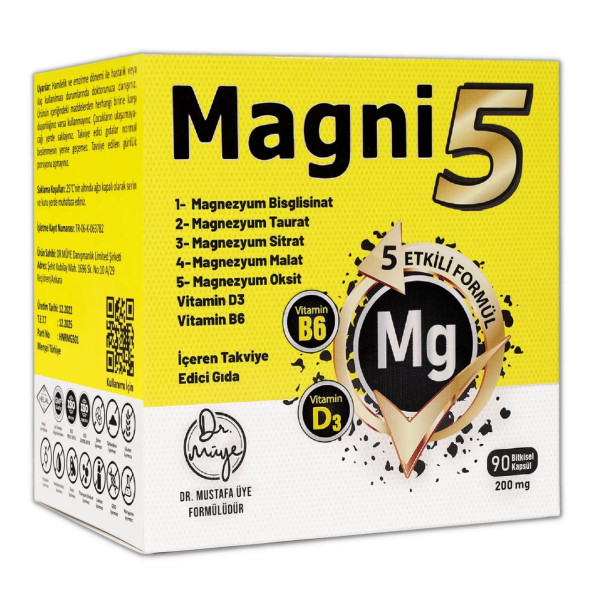 Magnezyum 5 Etkili Form 3 Aylık 90 Kapsül Magni5 B6 D Vitamini Bisglisinat Taurat Sitrat Malat Oksit