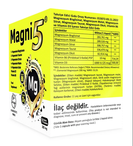 Magnezyum 5 Etkili Form 3 Aylık 90 Kapsül Magni5 B6 D Vitamini Bisglisinat Taurat Sitrat Malat Oksit - 5
