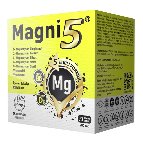 Magnezyum 5 Etkili Form 3 Aylık 90 Kapsül Magni5 B6 D Vitamini Bisglisinat Taurat Sitrat Malat Oksit - 2