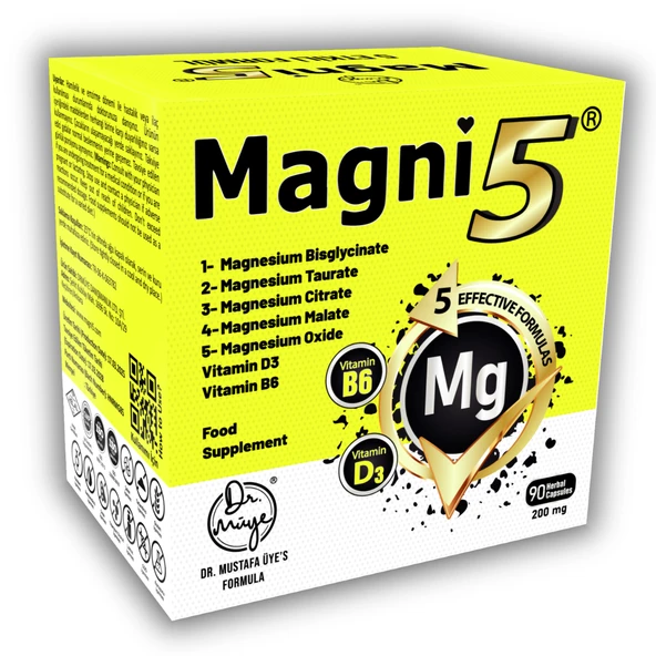 Magnezyum 5 Etkili Form 3 Aylık 90 Kapsül Magni5 B6 D Vitamini Bisglisinat Taurat Sitrat Malat Oksit
