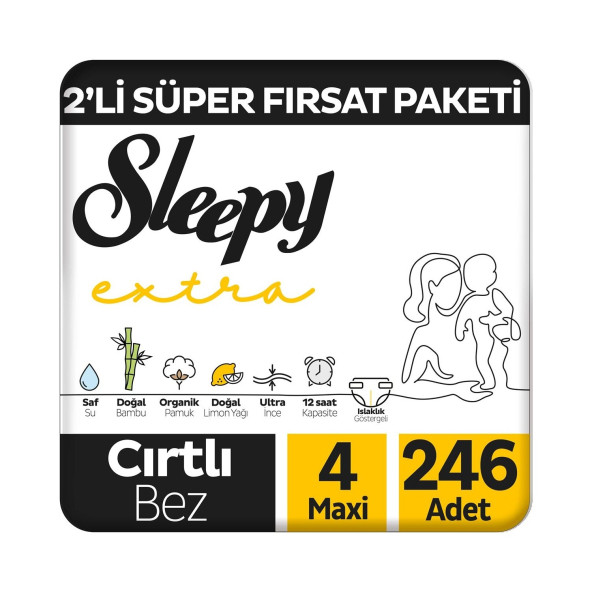 SLEEPY Extra Günlük Aktivite 2'li Süper Fırsat Paketi Bebek Bezi 4 Numara Maxi 246 Adet