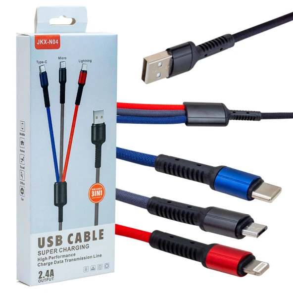 POWERMASTER JKX-44 USB TO MICRO USB TYPE-C LIGHTNING 3LÜ 2.4 AMPER ŞARJ KABLOSU