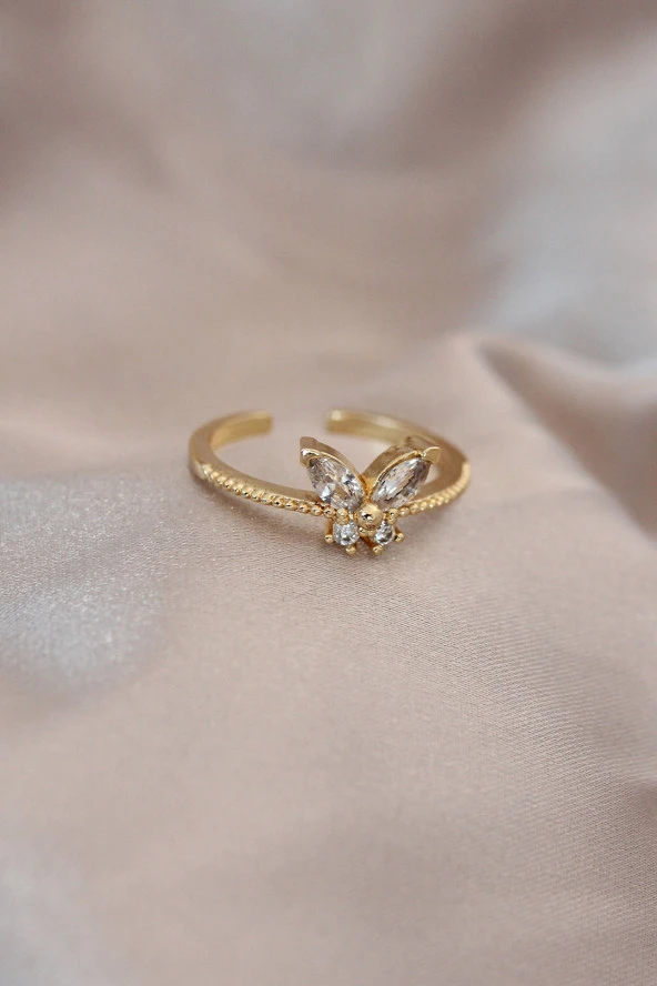 Ayarlamalı Altın Renk Metal Zirkon Taş ve Kristal Taşlı Kelebek Model Yüzük - TJ-BYK2053 ürün görseli