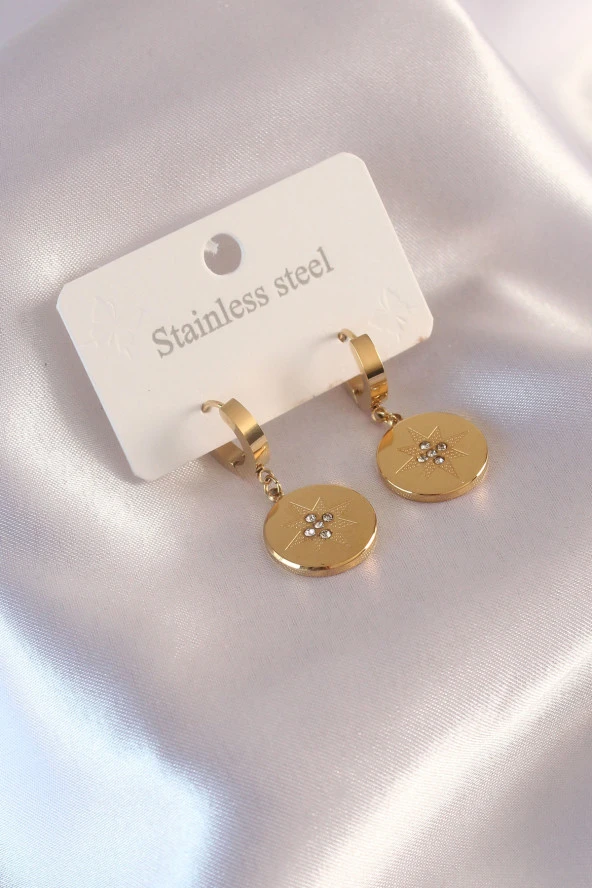 Çelik Gold Renk Kutup Yıldızı İşleme Zirkon Taşlı Kadın Küpe - TJ-BKP6961 ürün görseli