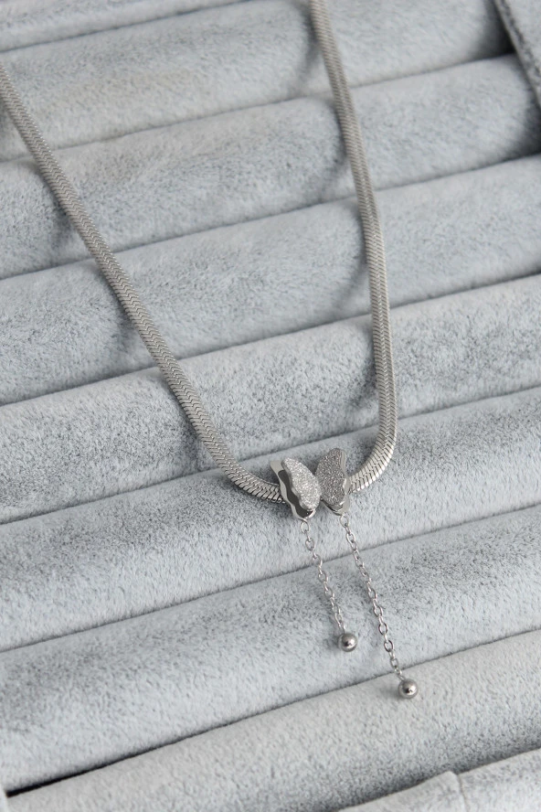 316L Çelik Gümüş Renk İtalyan Zincir Model Simli Kelebek Figür Kadın Kolye - TJ-BKO7676 ürün görseli