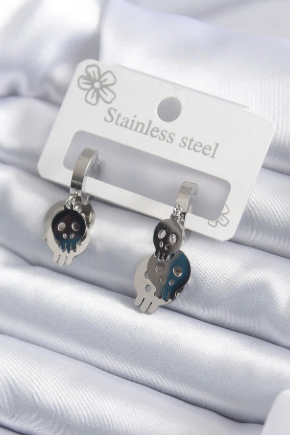 316L Çelik Gümüş Renk Sallantı Kuru Kafa Model Kadın Küpe - TJ-BKP7922 ürün görseli