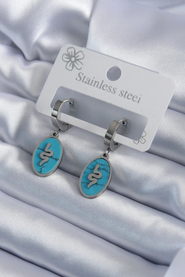 316L Çelik Gümüş Renk Oval Mavi Taşlı Yılan Figür Kadın Küpe - TJ-BKP7940 ürün görseli