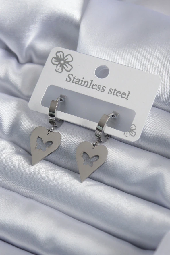 316L Çelik Gümüş Renk Kalp Model Kelebek İşleme Kadın Küpe - TJ-BKP7950 ürün görseli