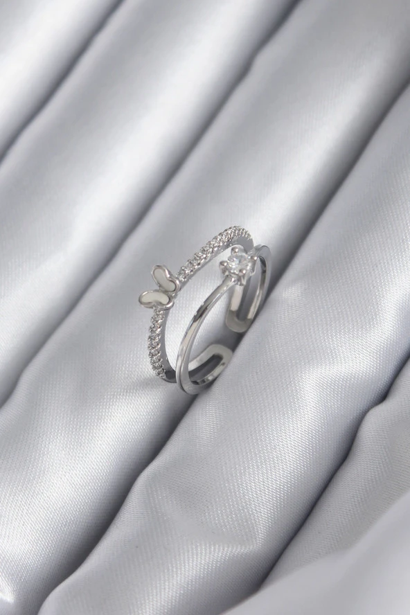 Pirinç Gümüş Renk Zirkon Taşlı Kelebek Model Kadın Yüzük - TJ-BYK2932 ürün görseli