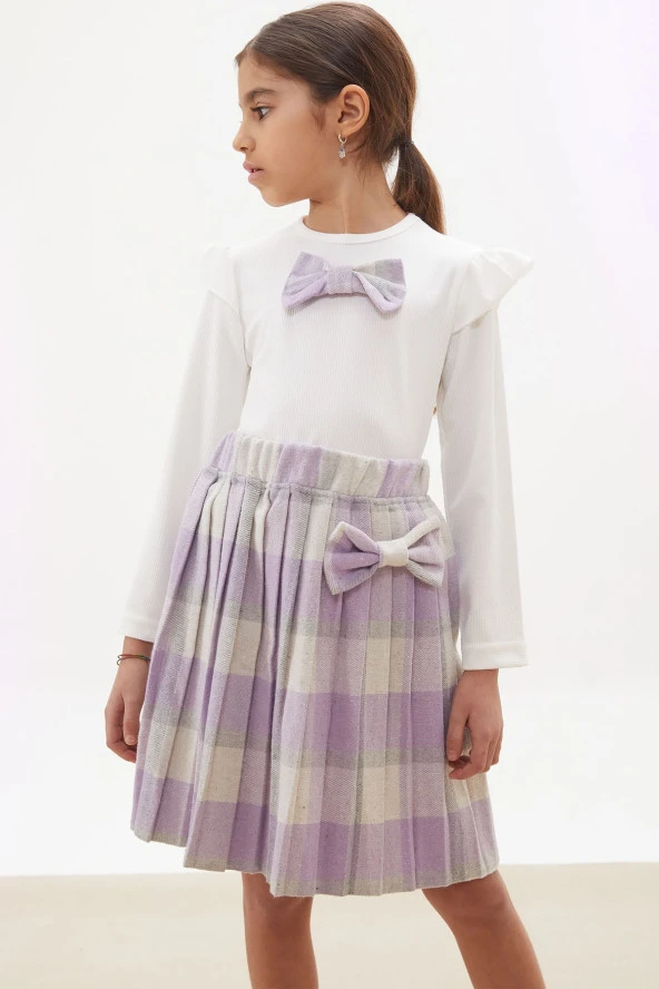 Lila Ekose Etekli Fiyonklu Badili Kız Çocuk Elbise Takımı 5-9 Yaş 17737