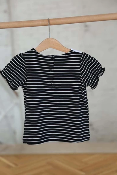 Kız Bebek Yakası Fiyonk Detaylı Çizgili Siyah Tişört - 4