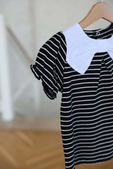 Kız Bebek Yakası Fiyonk Detaylı Çizgili Siyah Tişört - 2