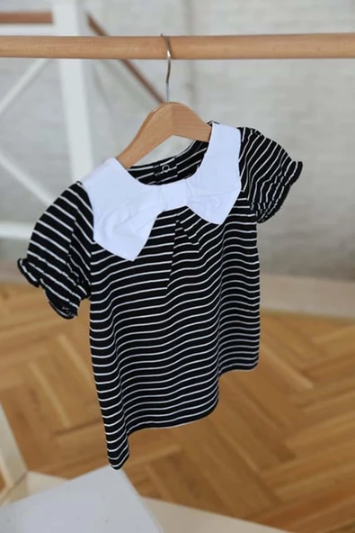 Kız Bebek Yakası Fiyonk Detaylı Çizgili Siyah Tişört - 3