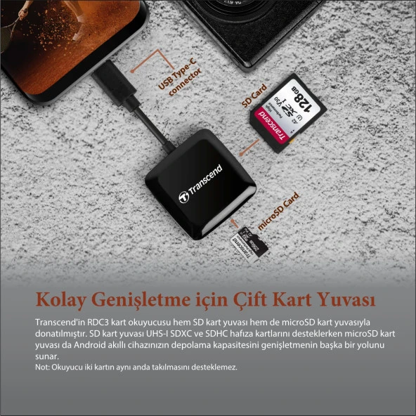 Transcend TS-RDC3 SD/microSD, USB 3.2 Gen 1, Siyah, Type C Kart Okuyucu - 4